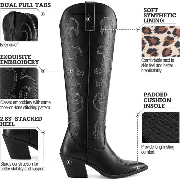 Women's Embroidered Knee-High Western Boots Pointy Toe with Chunky Heel - Picture 2 of 7